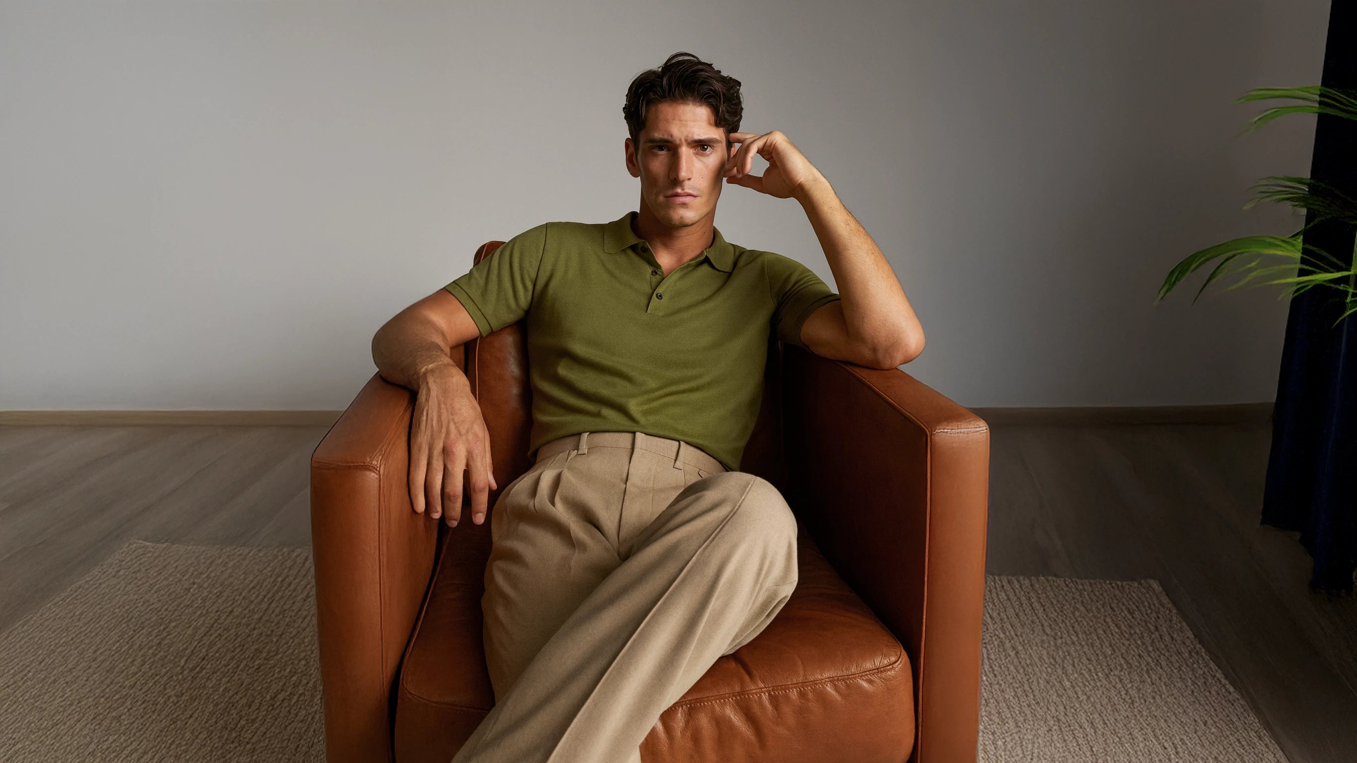 Man sitting in a brown leather chair wearing a green polo shirt from House of Nirvana and beige pants.